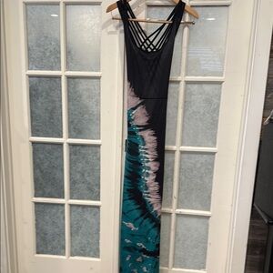 Black and Teal Tie Dye Backless Maxi Dress with Strappy Back